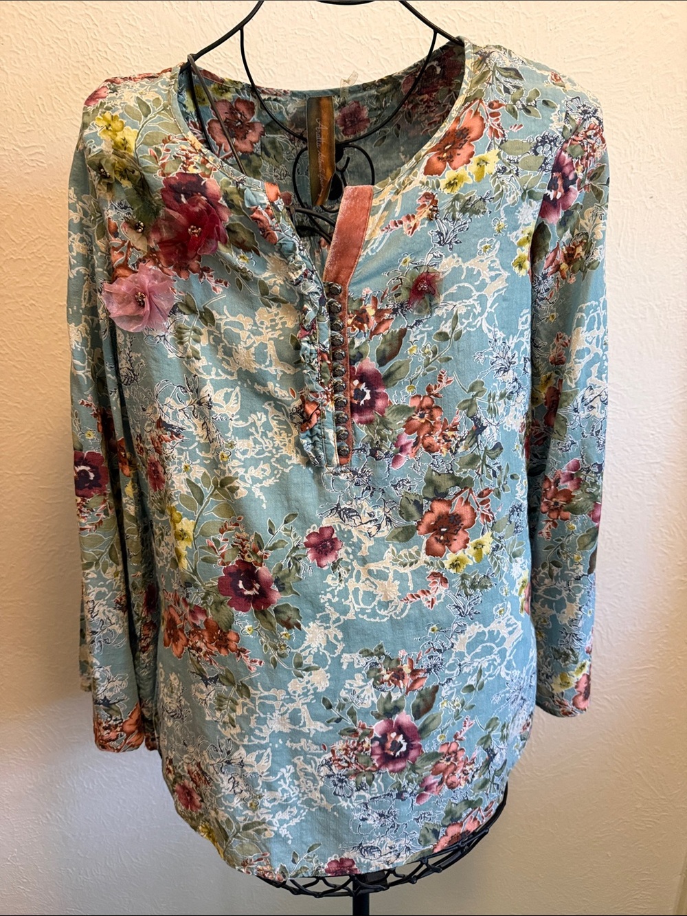 🌹🌹🌹BOGOHO🌹🌹🌹Aratta Floral Lace-Print Long Sleeve Women's Top - Light Blue-S
